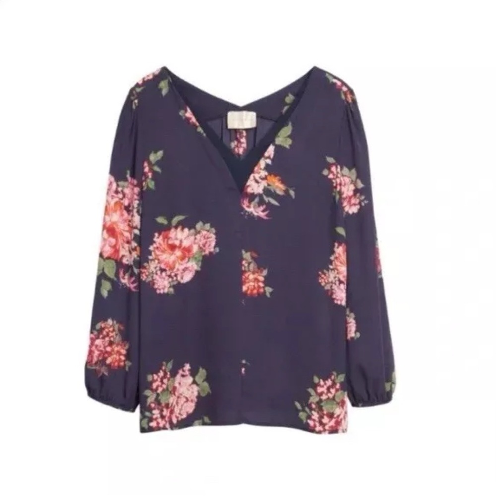 Skies Are Blue Nelby V-Neck Blouse Women’s M Navy Floral Puff Sleeve Top